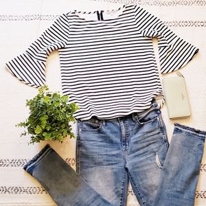 Green Envelope Striped Flounce Crop Sleeve Top M